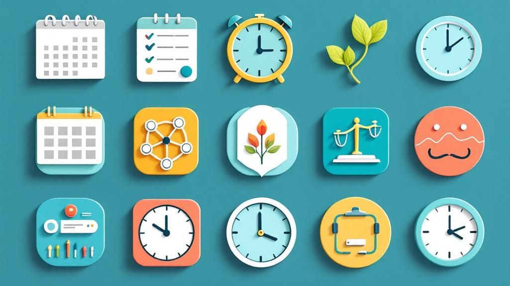 A collection of icons representing expert tips, such as a calendar, clock, and relaxation symbols, for maintaining balance.
