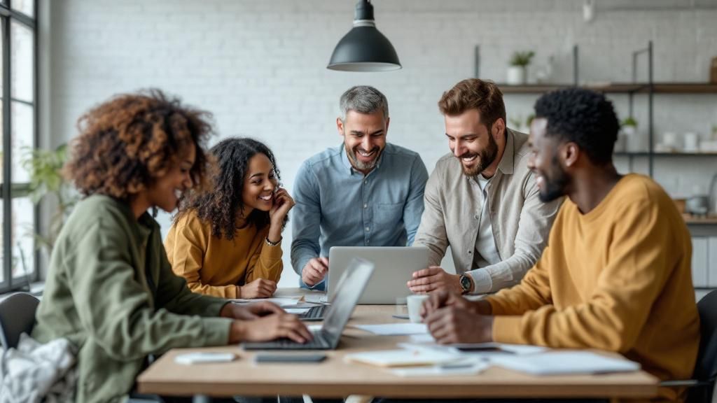 A diverse team celebrating successful tech integration, with visual elements of both traditional and modern work tools.