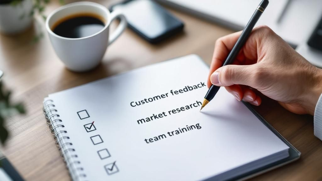 A checklist with items like 'Customer Feedback', 'Market Research', and 'Team Training' on a desk with a cup of coffee.