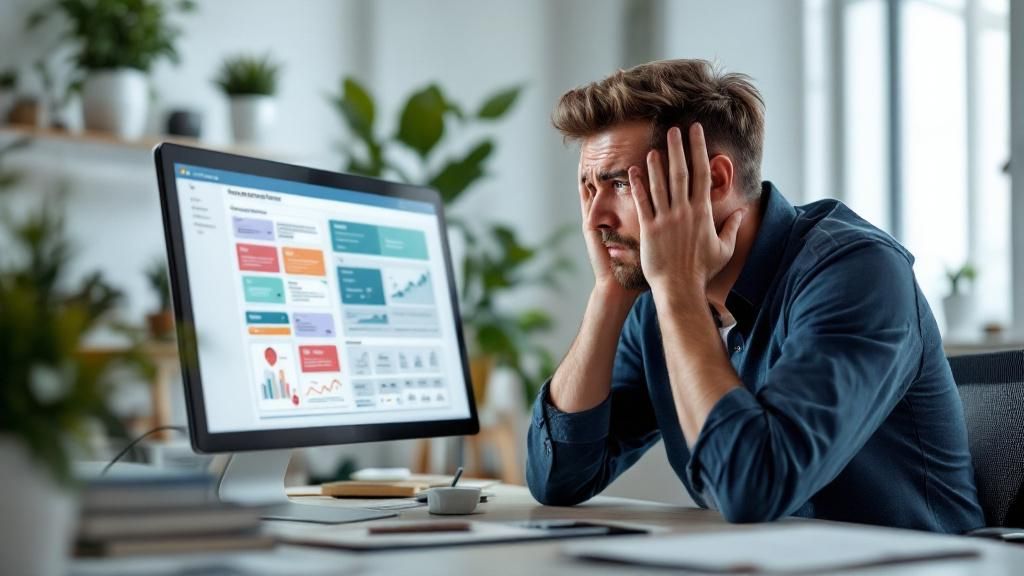 A frustrated business owner looking at a computer screen with a problem-solving chart next to them.