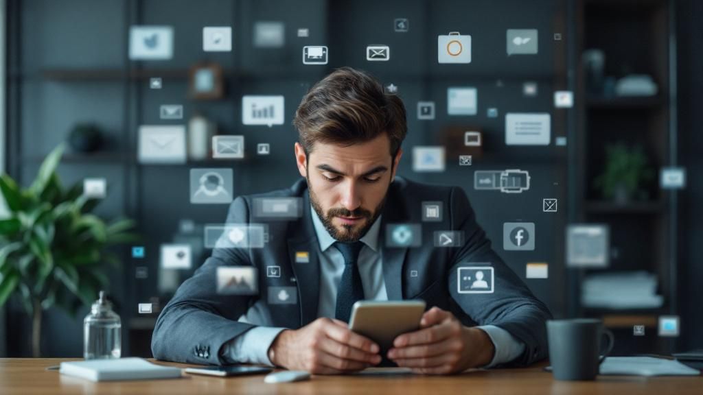 A leader distracted by multiple gadgets and notifications