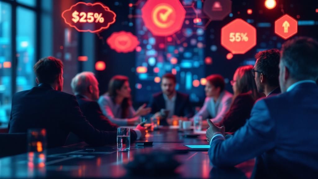 A panel of experts discussing the future of employee well-being and its potential impact on revenue, with thought bubbles and futuristic elements.