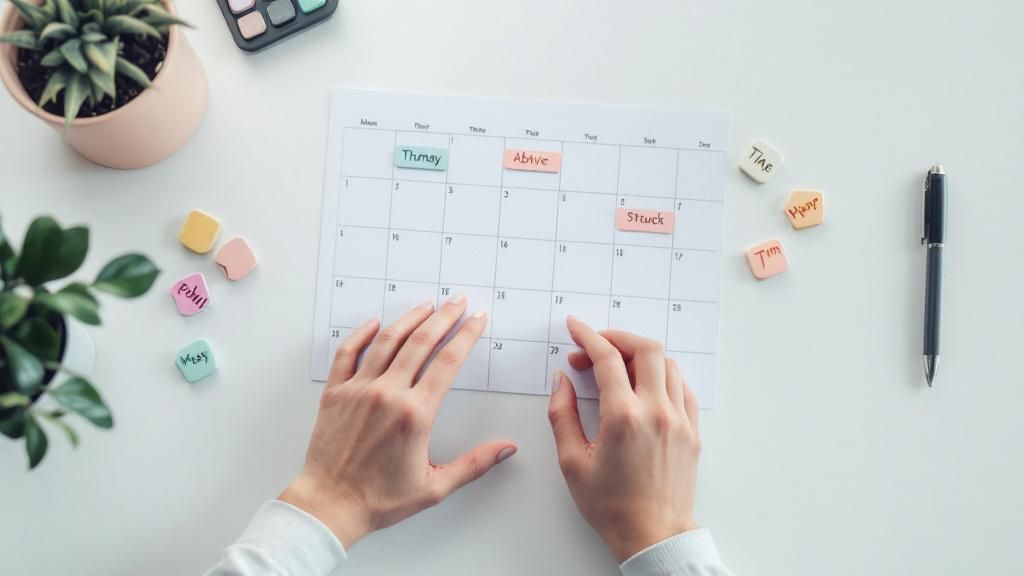 A calendar with time blocks labeled for specific tasks and activities