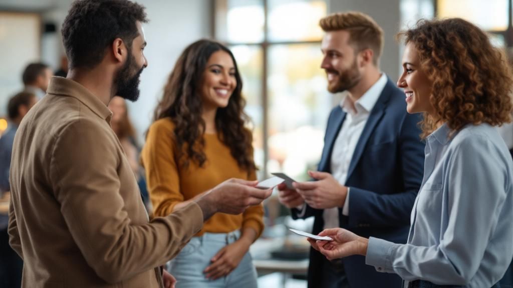 An energetic networking event with leaders exchanging business cards and ideas.