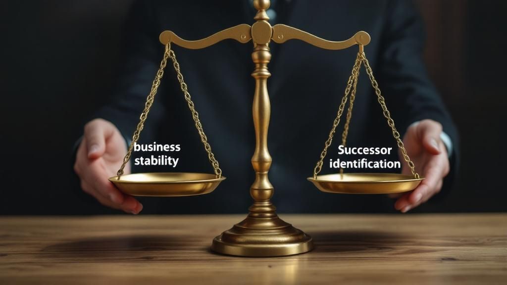 A balance scale with 'Business Stability' on one side and 'Successor Identification' on the other, illustrating the balance needed for business continuity.