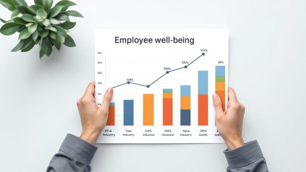A chart showing current statistics on employee well-being and its correlation with revenue growth in various industries.