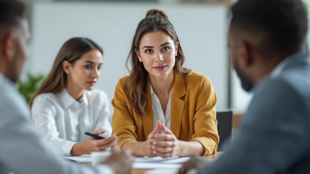 A leader delegating tasks to team members with a focused look