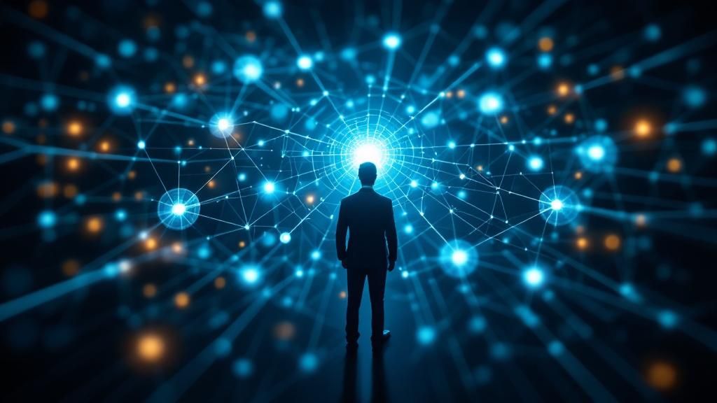 A leader at the center of a web of connections, illustrating the unseen value of networking.