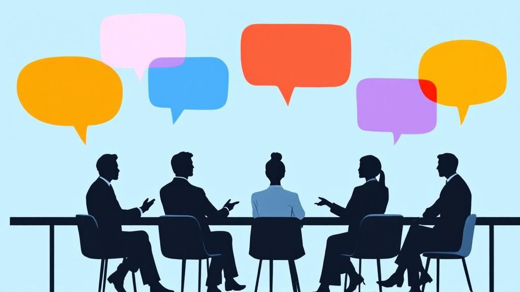 A panel of experts discussing future trends in competitive analysis, with speech bubbles showing different opinions.
